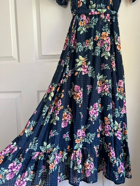 LC Lauren Conrad Navy Blue Floral Cottagecore Maxi Ruffle Tie Waist Dress Large - Picture 9 of 12
